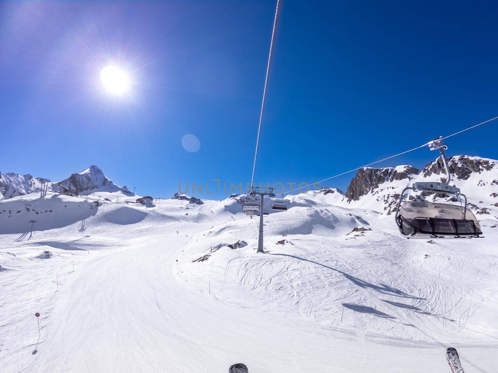 winter skiing area with cable car