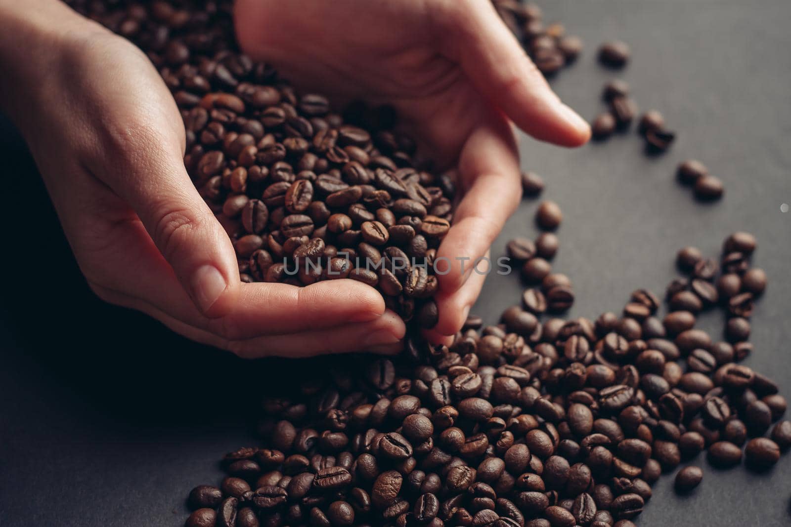 roasted coffee beans on a gray background texture Copy Space by SHOTPRIME