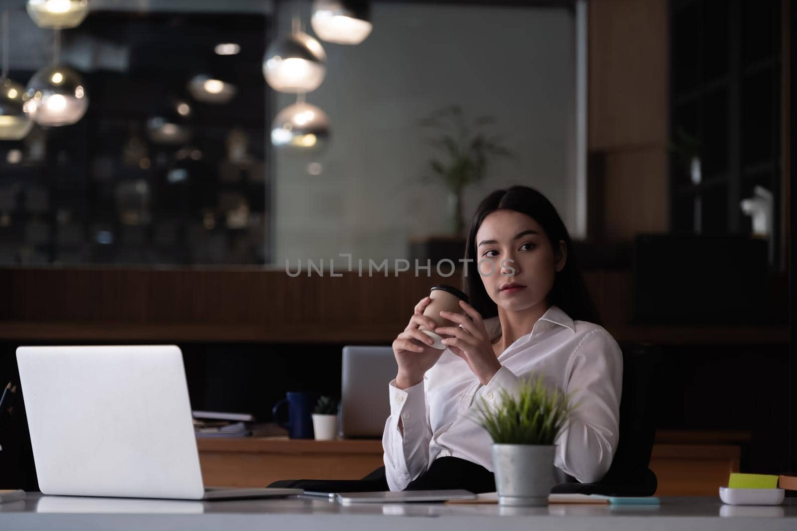 Portrait of young businesswoman using laptop screen while sitting at office desk in modern office.