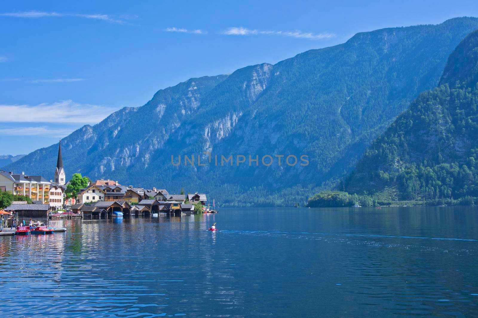 Hallstatt in Alps, Old city view by the lake, Austria