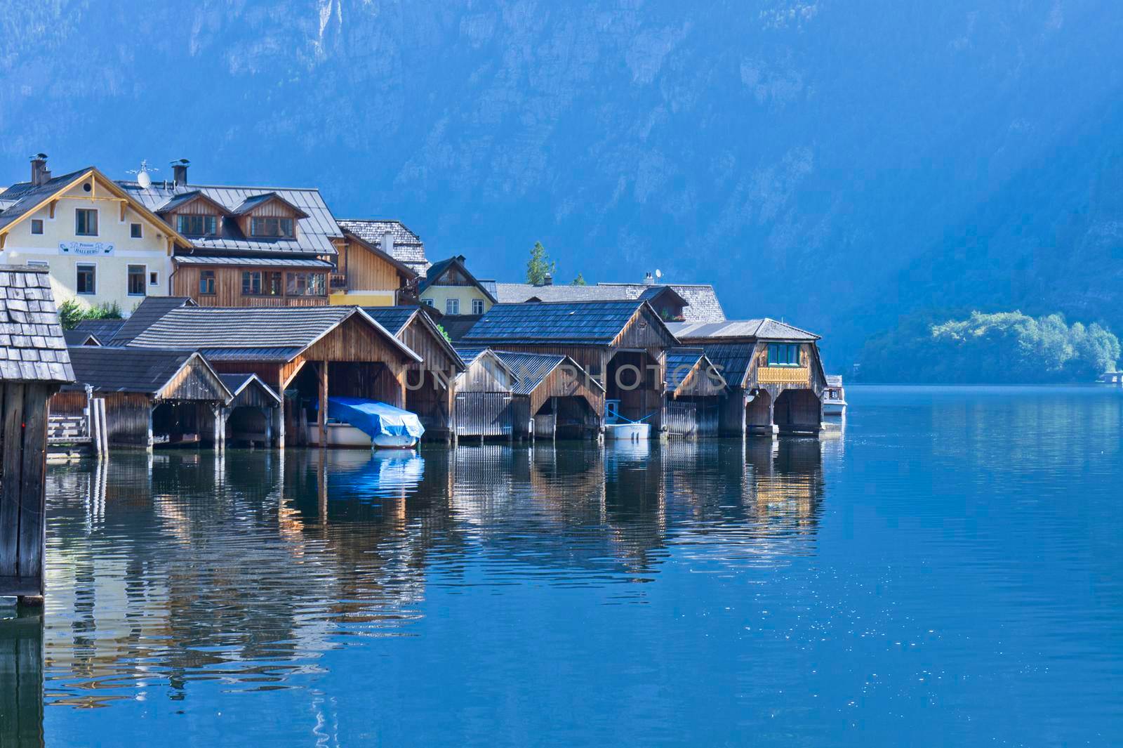 Hallstatt in Alps, Old city view by the lake, Austria