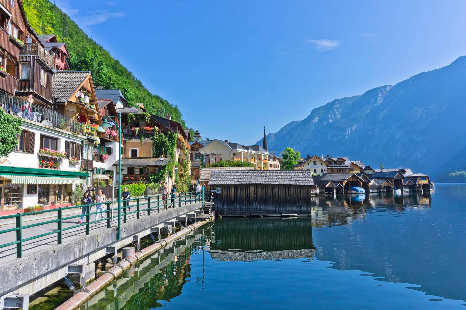 Hallstatt in Alps, Old city view by the lake, Austria