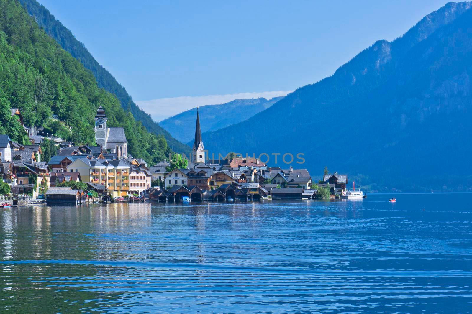 Hallstatt in Alps, Old city view by the lake, Austria