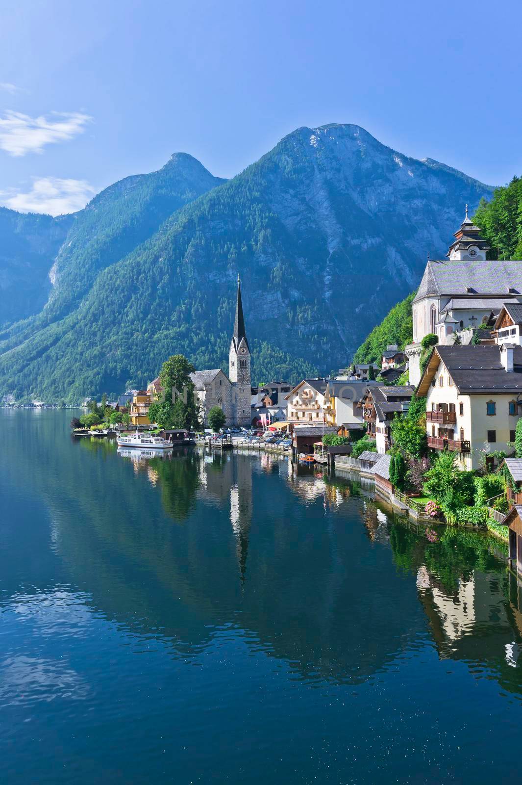 Hallstatt in Alps, Old city view by the lake, Austria