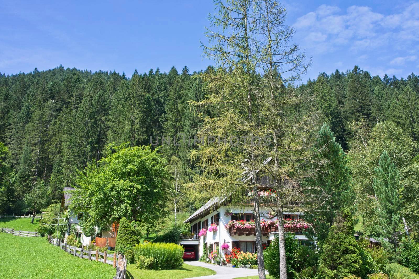 Gosau, Natural landscape in Alps with small German style houses, Austria, Europe