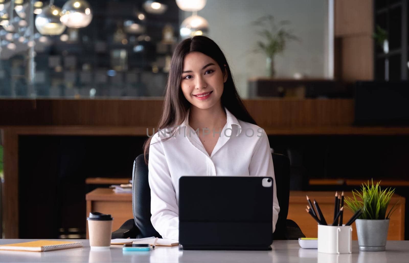 Portrait Of Attractive Asian Businesswoman Working On Laptop at her office