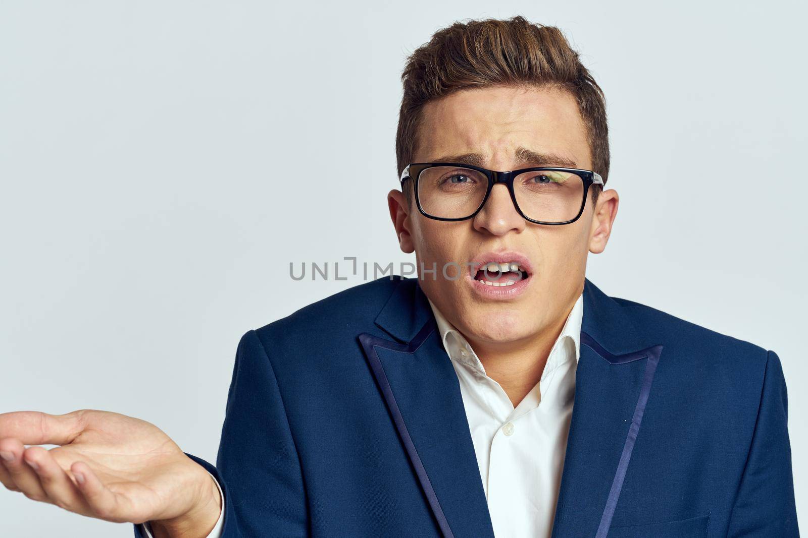 emotional man in suit manager job businessman. High quality photo