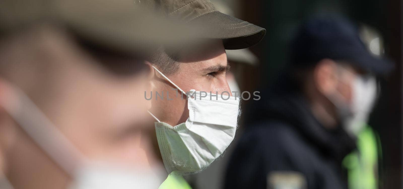 Kyiv, Ukraine - Apr. 13, 2020: The National Guard and the patrol police of Ukraine control the entrance to the Kyiv Pechersk Lavra during quarantine due to the coronavirus epidemic