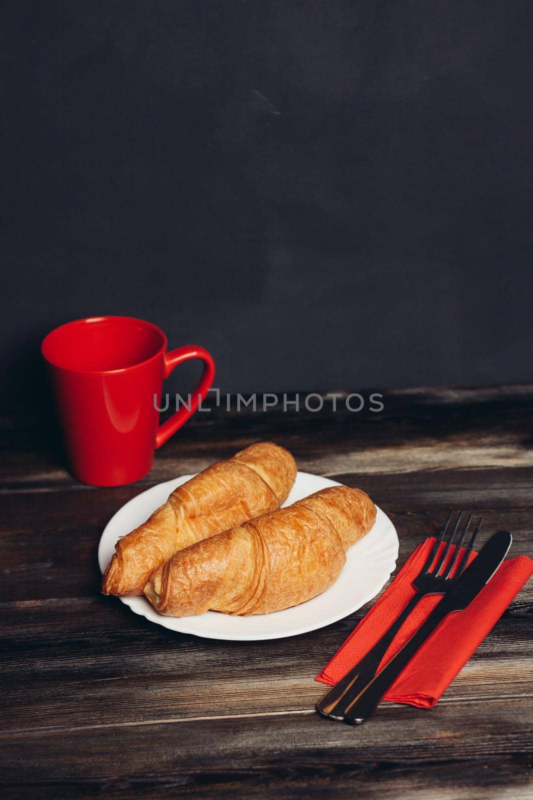 croissants on a white plate red mug kitchen appliances breakfast by SHOTPRIME