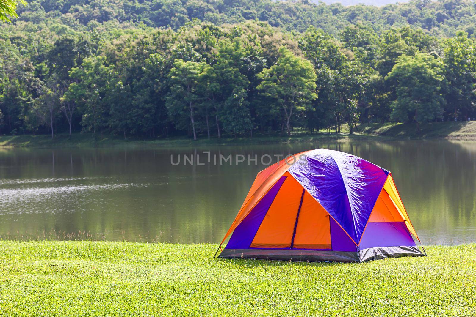 Tourist dome tent camping at lake side in forest camping site by stoonn