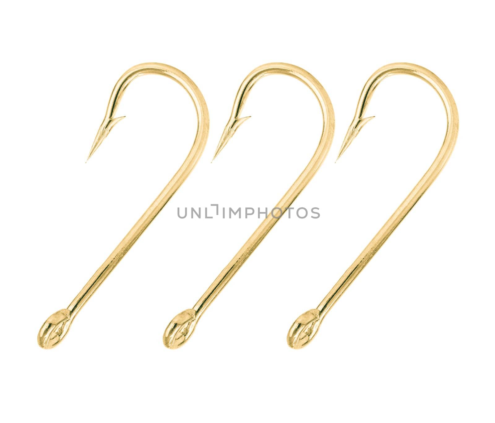 Close up shot of gold fish hook isolated on a white background