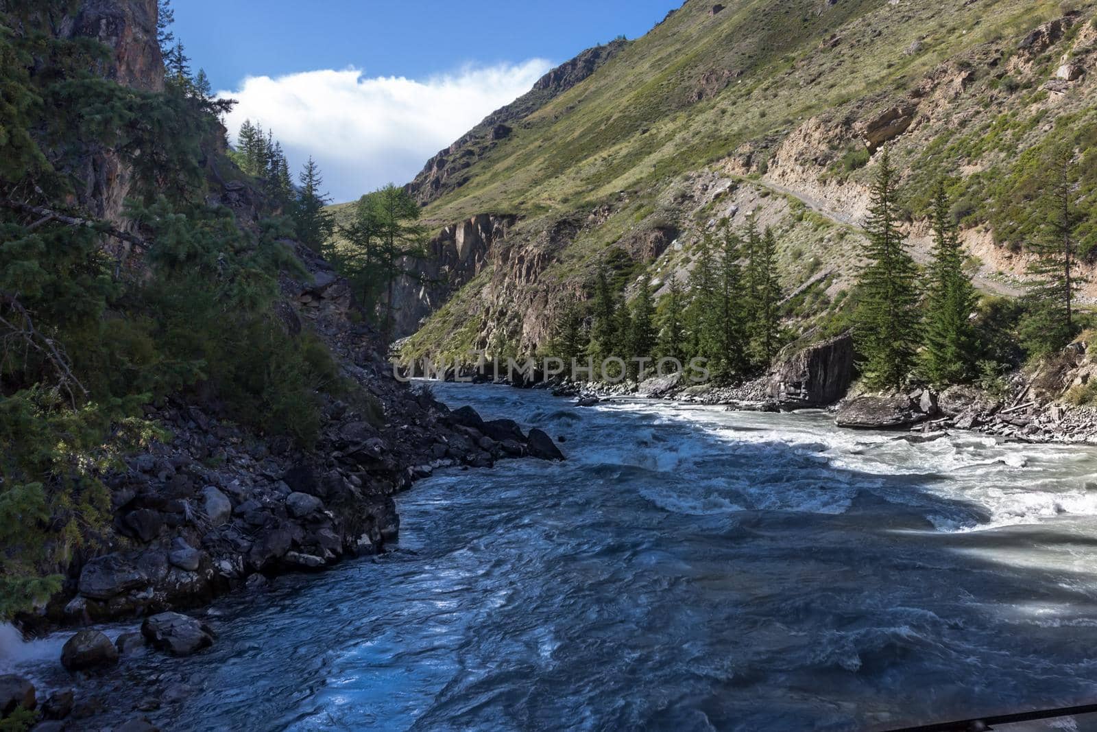 Raging mountain river, Chuya Tributary of the Katun River. Mountain Altai