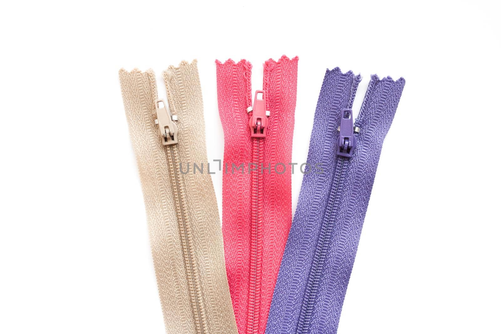 Zipper collection isolated on white background. Clothing fastener colorful set