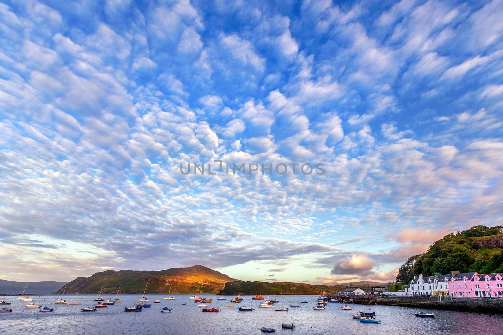 view on Portree Harbour before sunset, Isle of Skye, Scotland