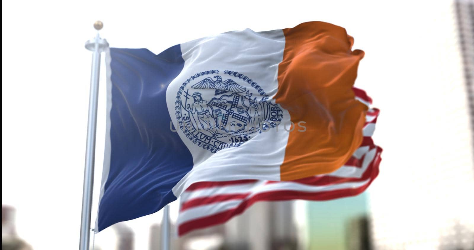 the official flag of New York City flapping along with the American Stars and Stripes national flag in the background. Official seal of New York City. Symbolism and history