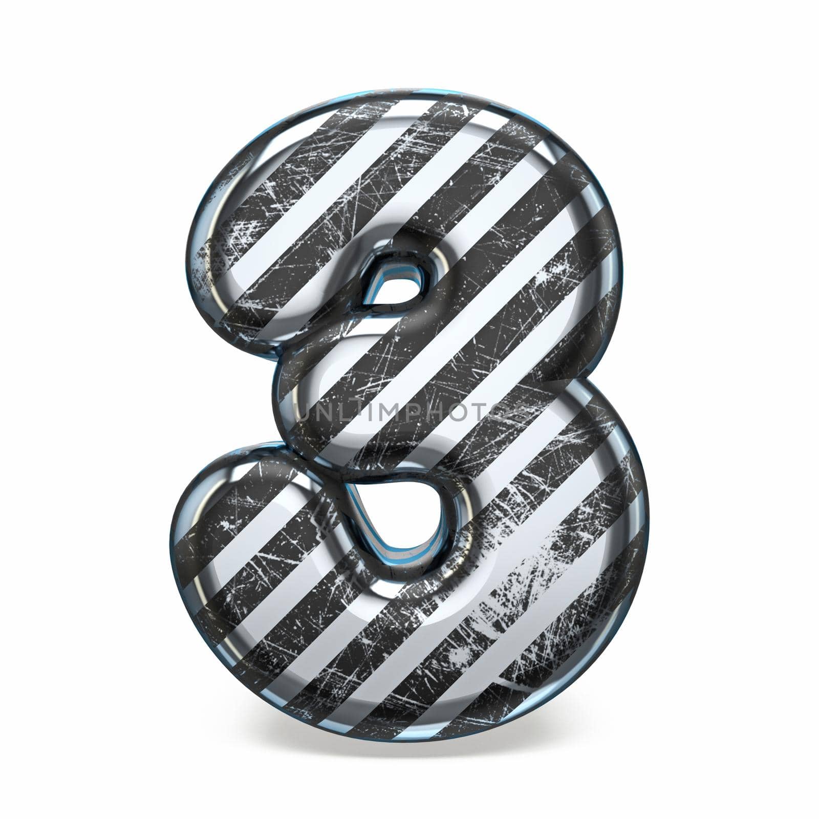 Striped steel black scratched font Number 3 THREE 3D render illustration isolated on white background