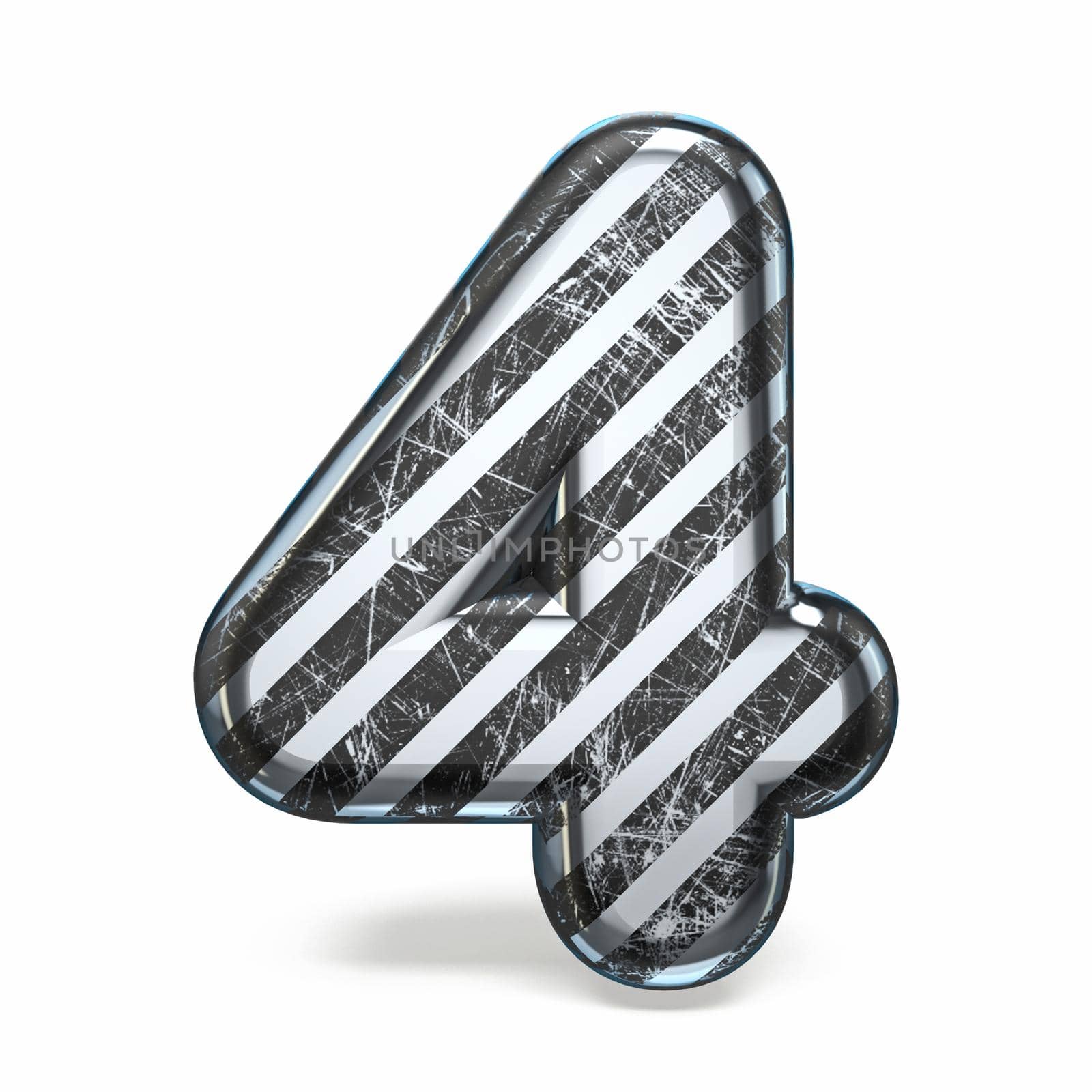 Striped steel black scratched font Number 4 FOUR 3D render illustration isolated on white background