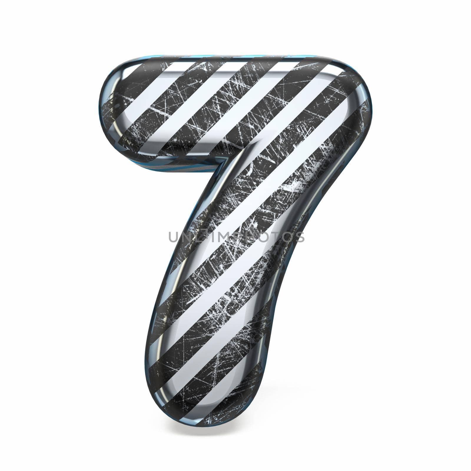 Striped steel black scratched font Number 7 SEVEN 3D render illustration isolated on white background