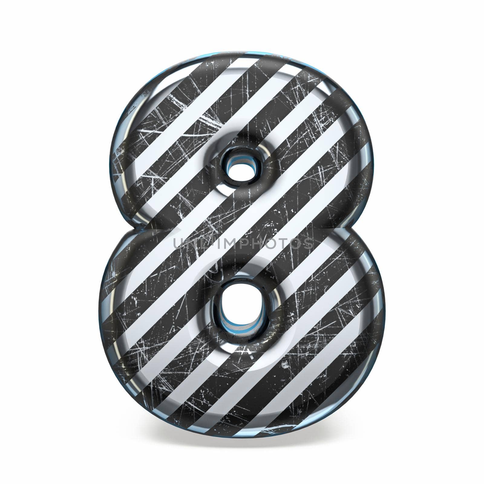 Striped steel black scratched font Number 8 EIGHT 3D render illustration isolated on white background