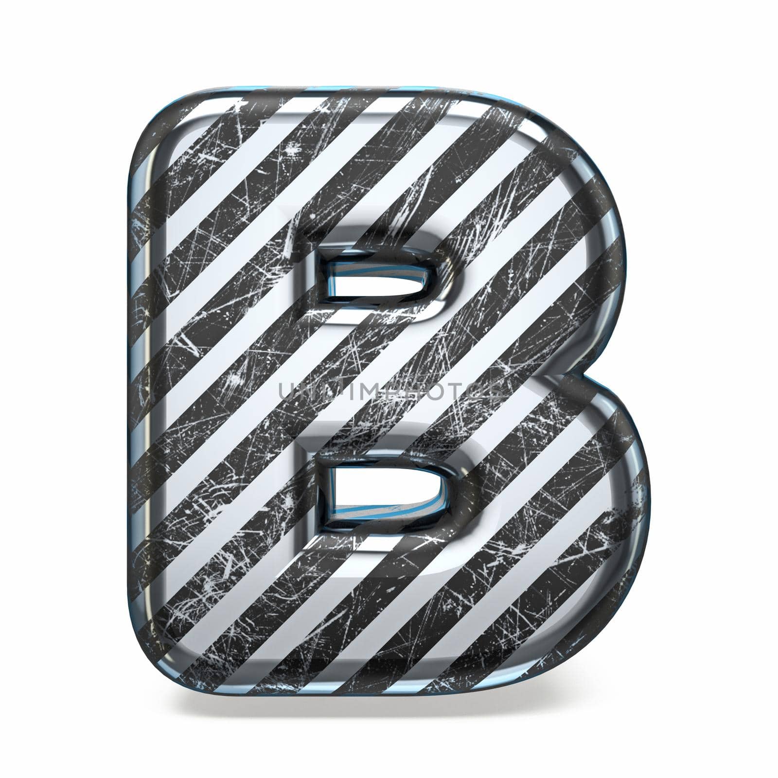 Striped steel black scratched font Letter B 3D render illustration isolated on white background