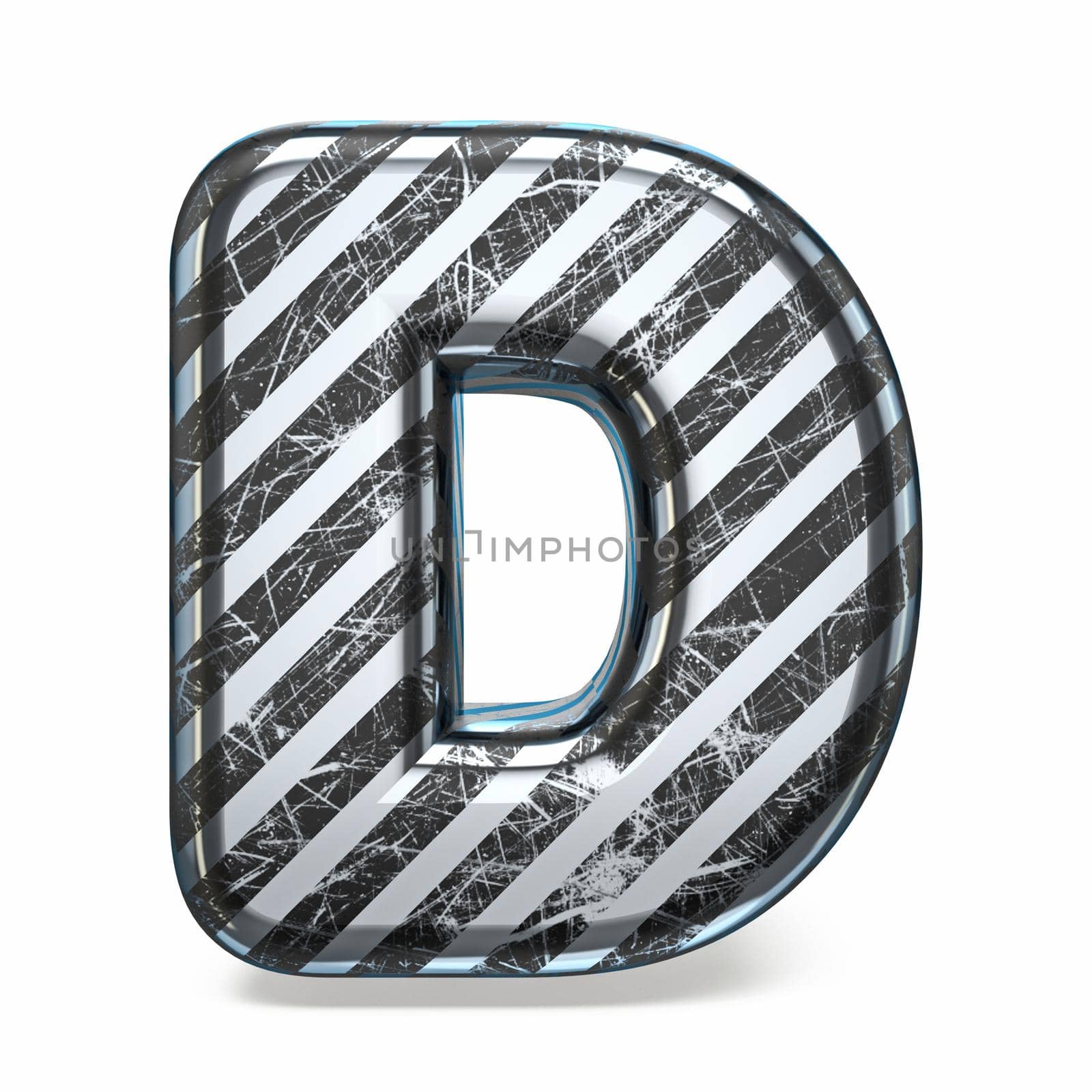 Striped steel black scratched font Letter D 3D render illustration isolated on white background