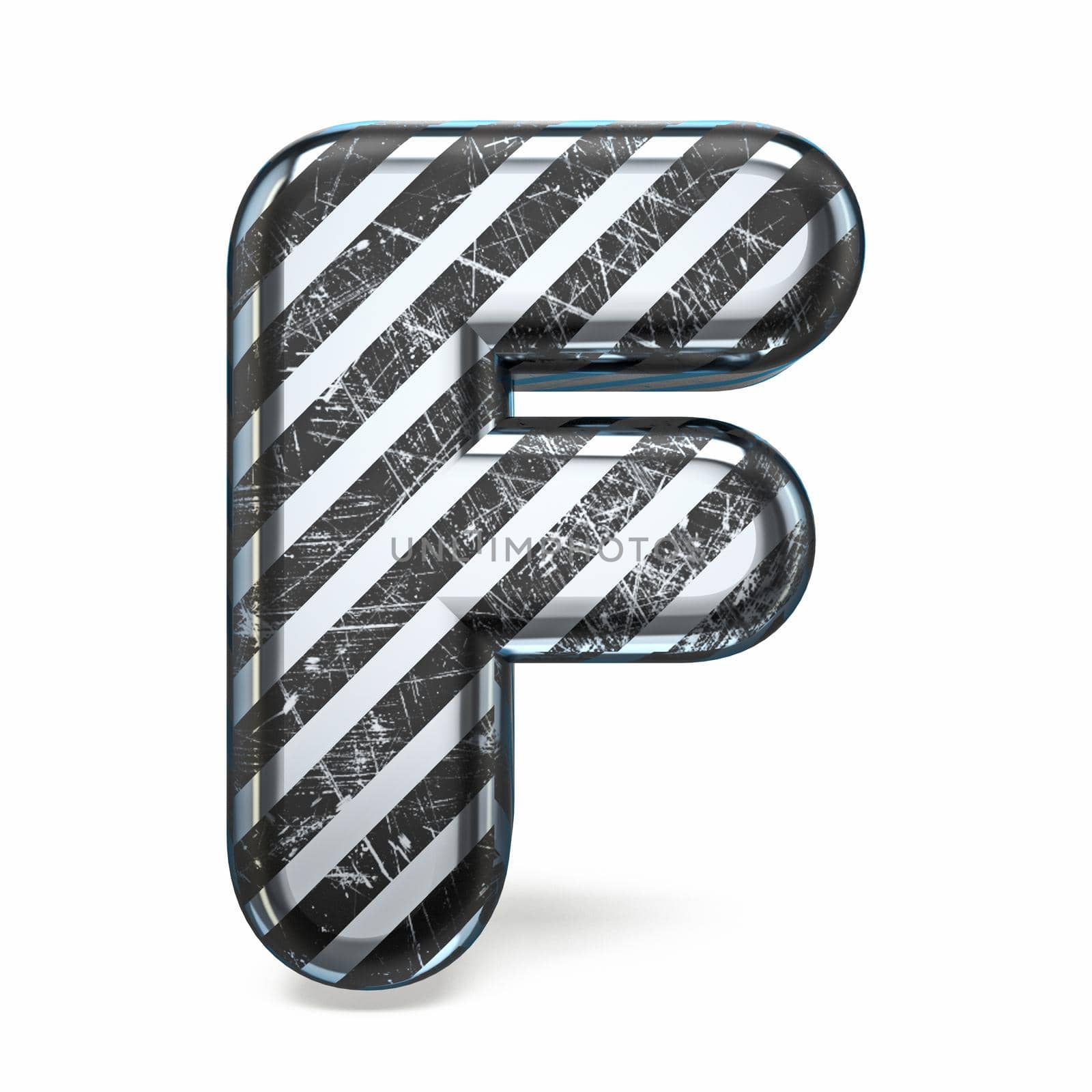 Striped steel black scratched font Letter F 3D render illustration isolated on white background