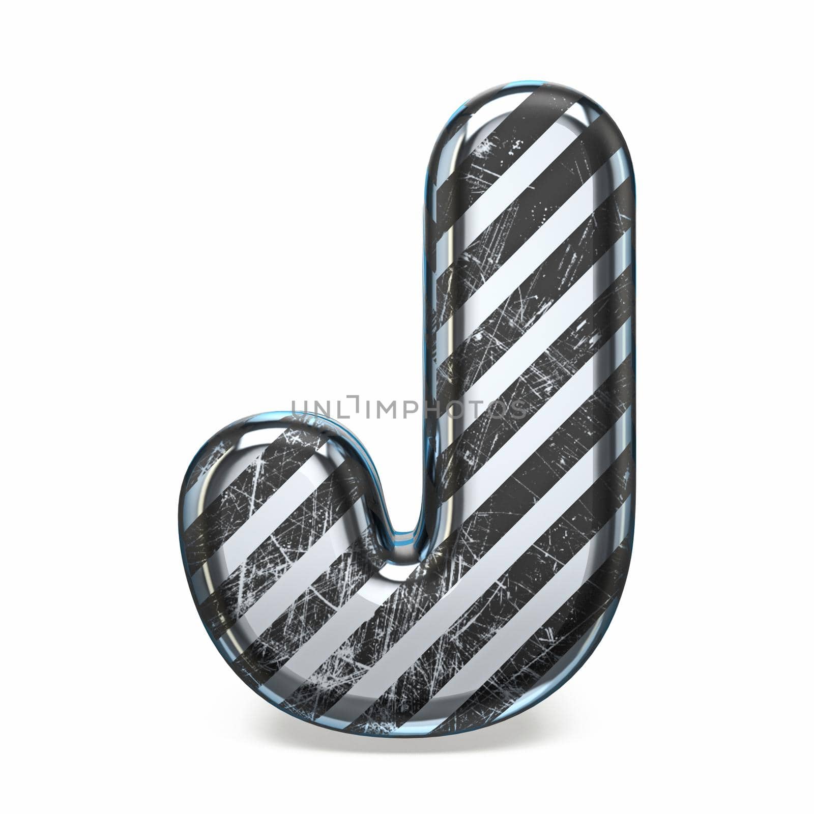 Striped steel black scratched font Letter J 3D render illustration isolated on white background