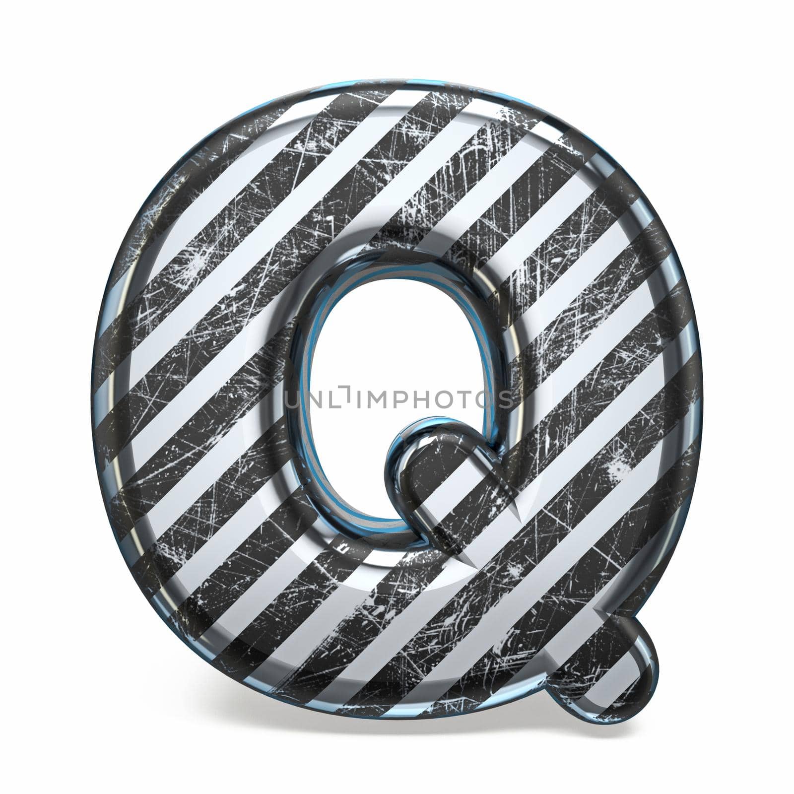 Striped steel black scratched font Letter Q 3D render illustration isolated on white background