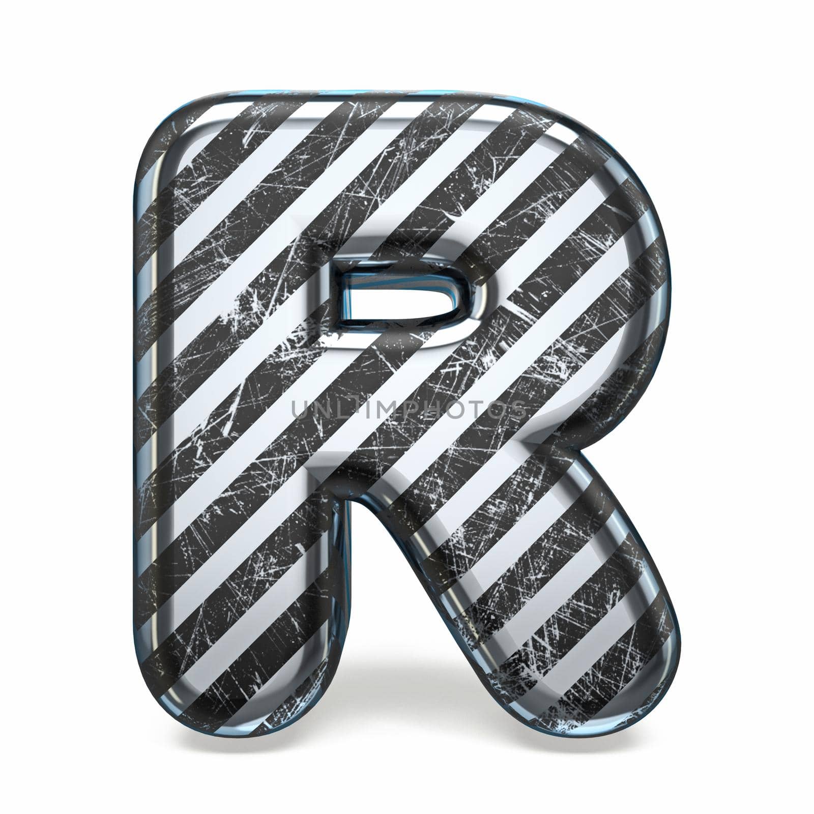 Striped steel black scratched font Letter R 3D render illustration isolated on white background