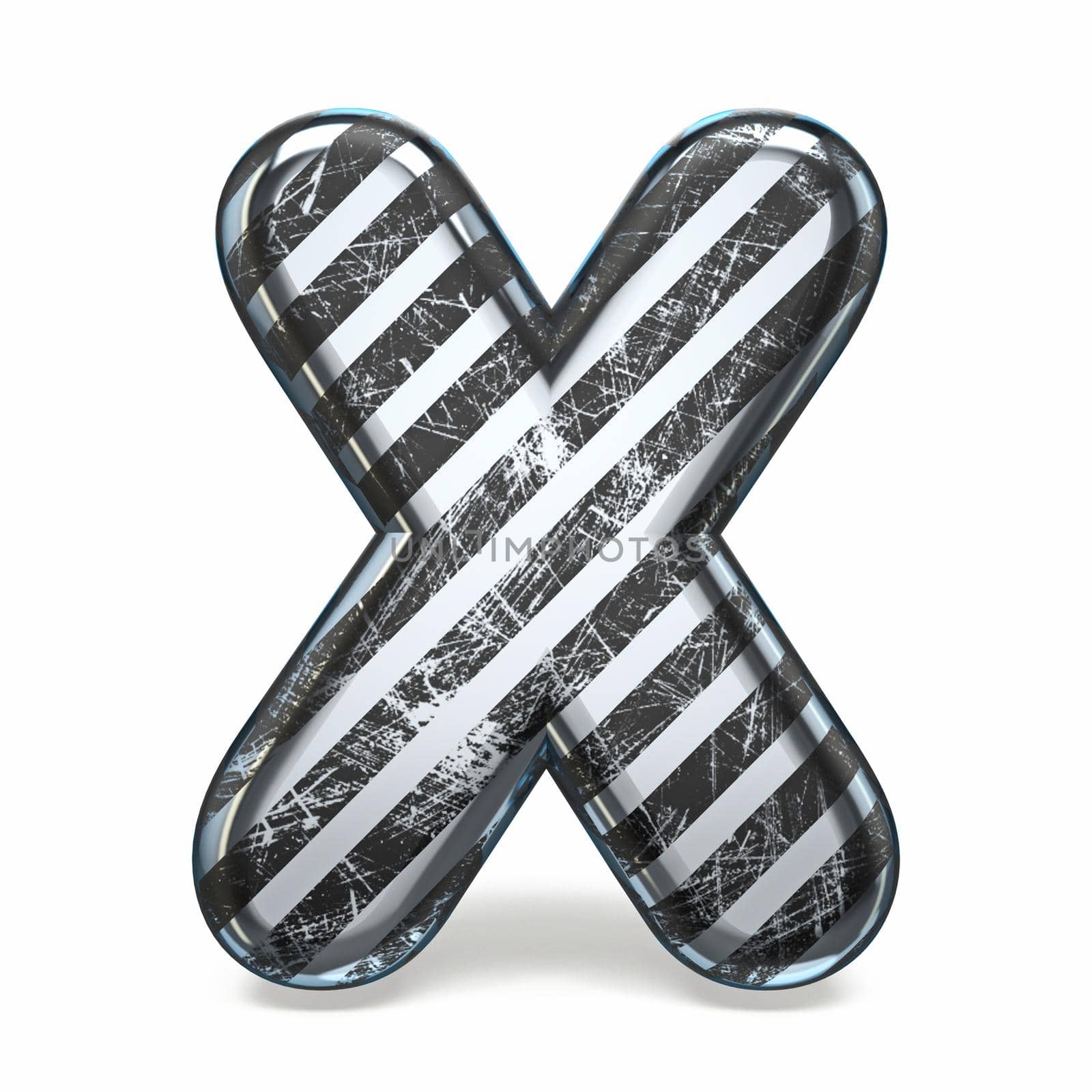 Striped steel black scratched font Letter X 3D render illustration isolated on white background