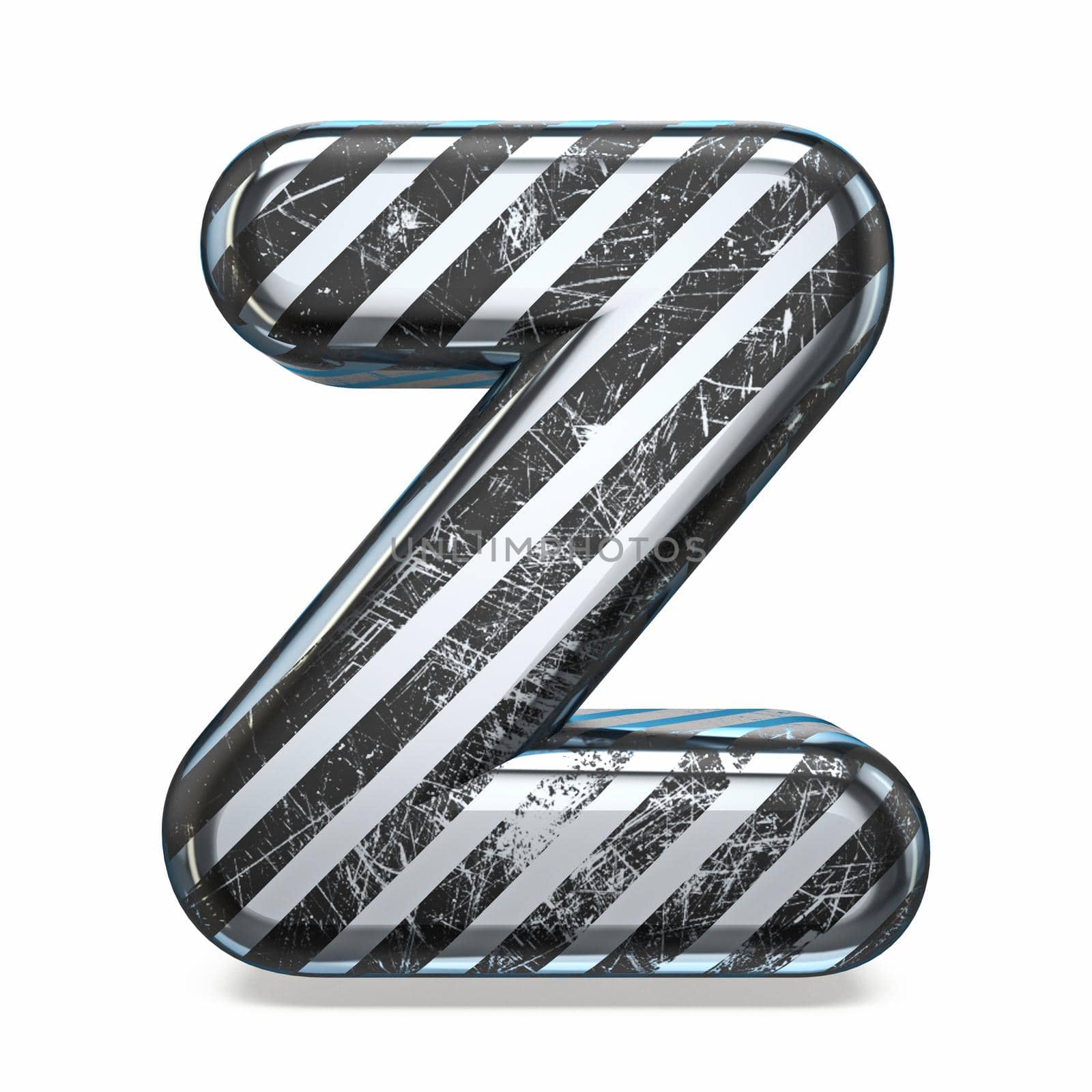 Striped steel black scratched font Letter Z 3D render illustration isolated on white background