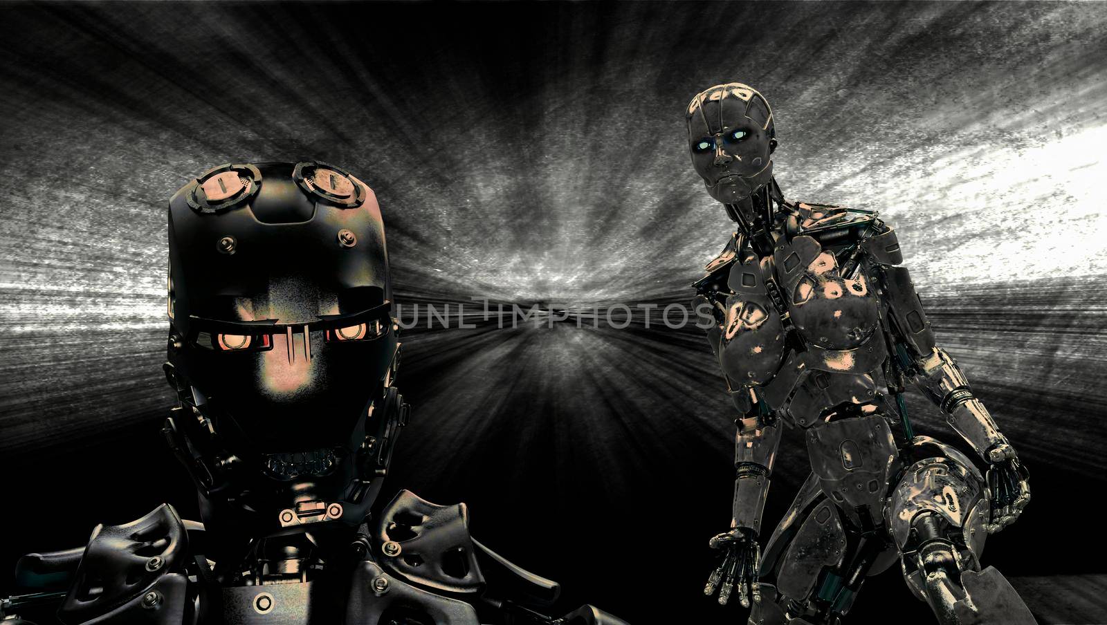 Metallic cyborg and robot on black background by ankarb