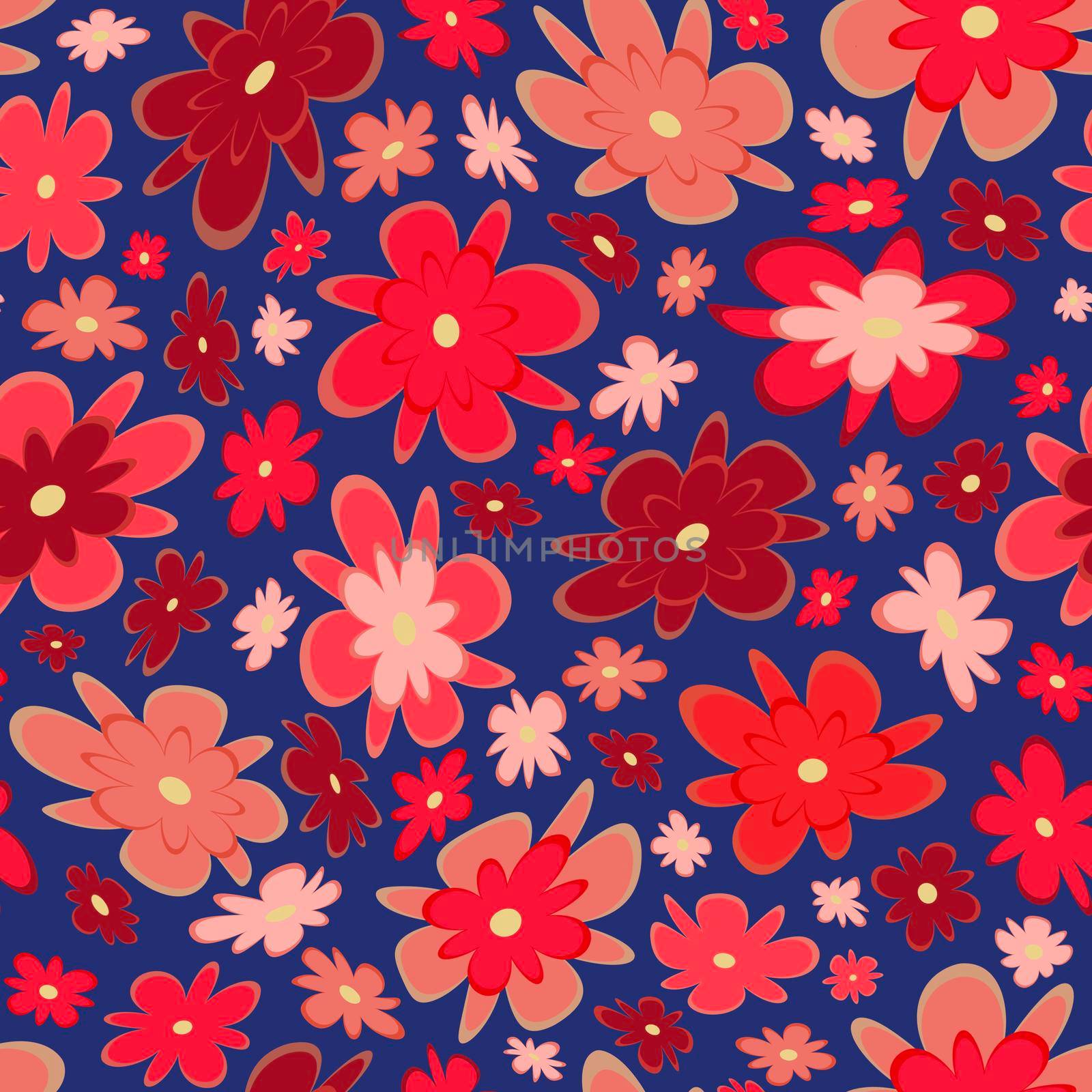 Trendy fabric pattern with miniature flowers.Summer print.Fashion design.Motifs scattered random.Elegant template for fashion prints.Good for fashion,textile,fabric,gift wrapping paper.Coral on blue.