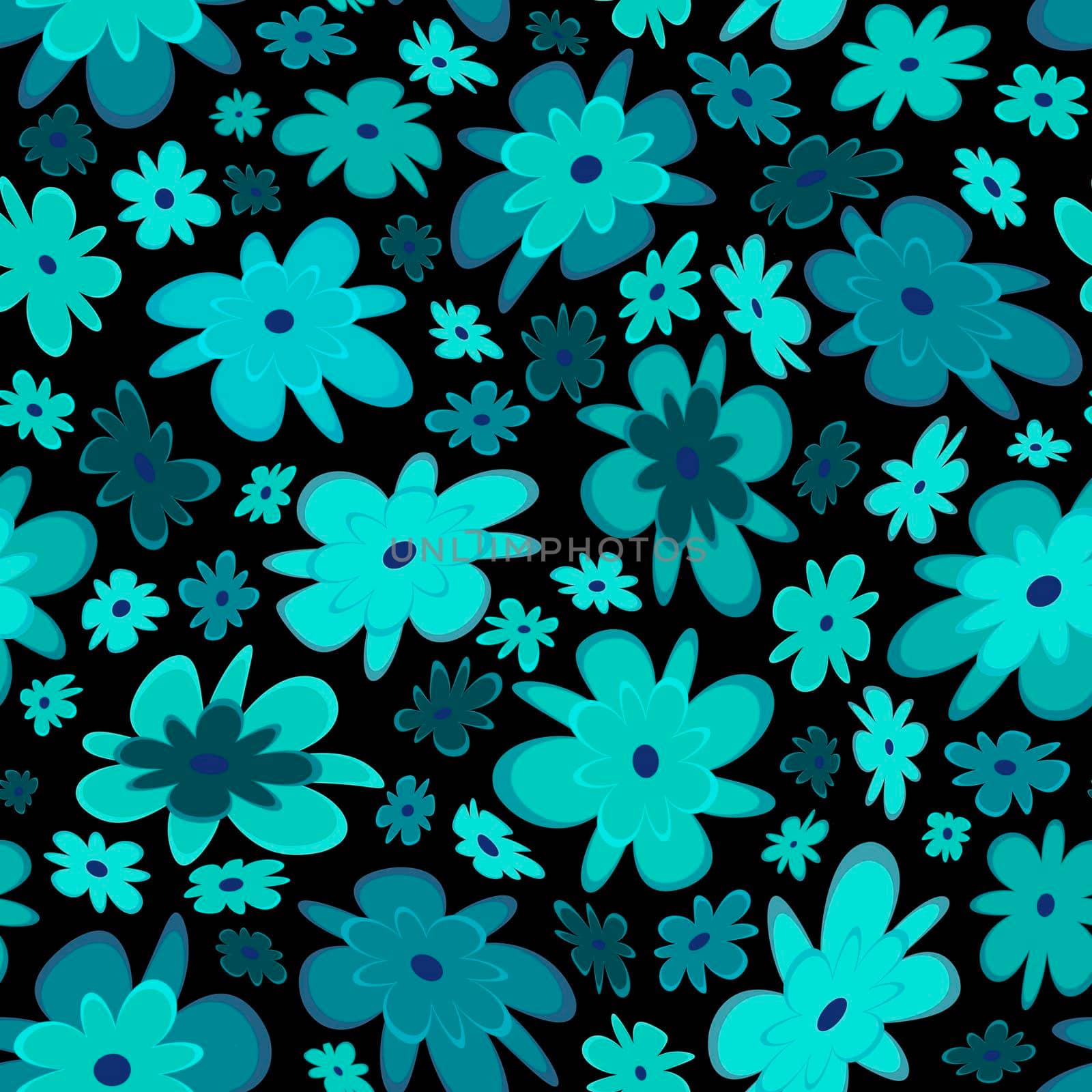 Trendy fabric pattern with miniature flowers.Summer print.Fashion design.Motifs scattered random.Elegant template for fashion prints.Azure on black.Good for fashion,textile,fabric,gift wrapping paper