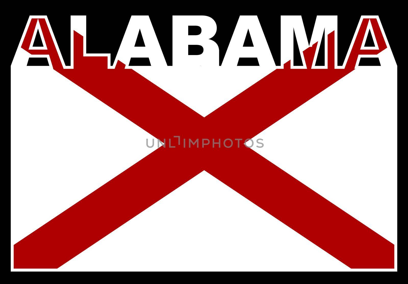 Alabama state text in silhouette set over the state flag
