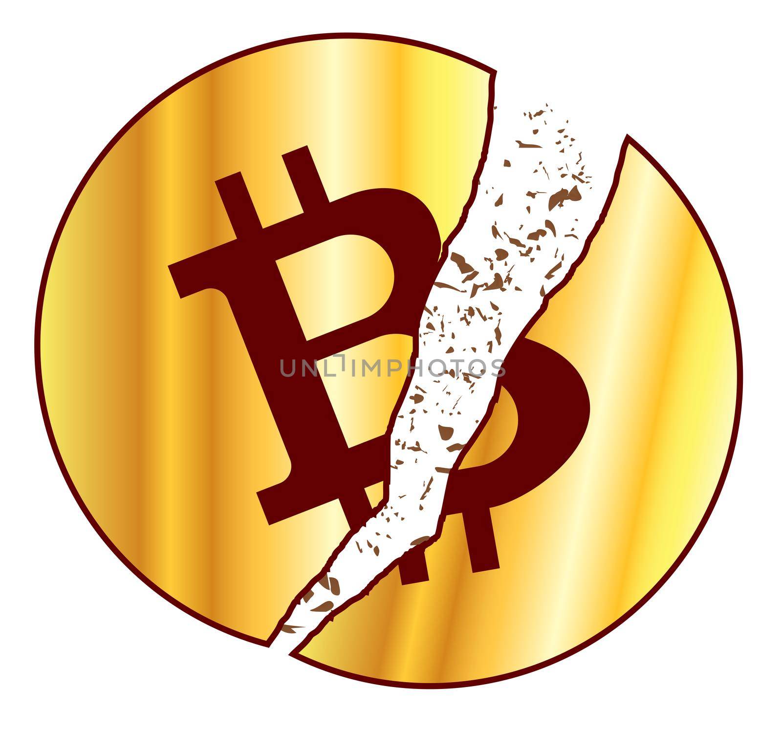 Golden bitcoin with symbol over a white background with broken pieces