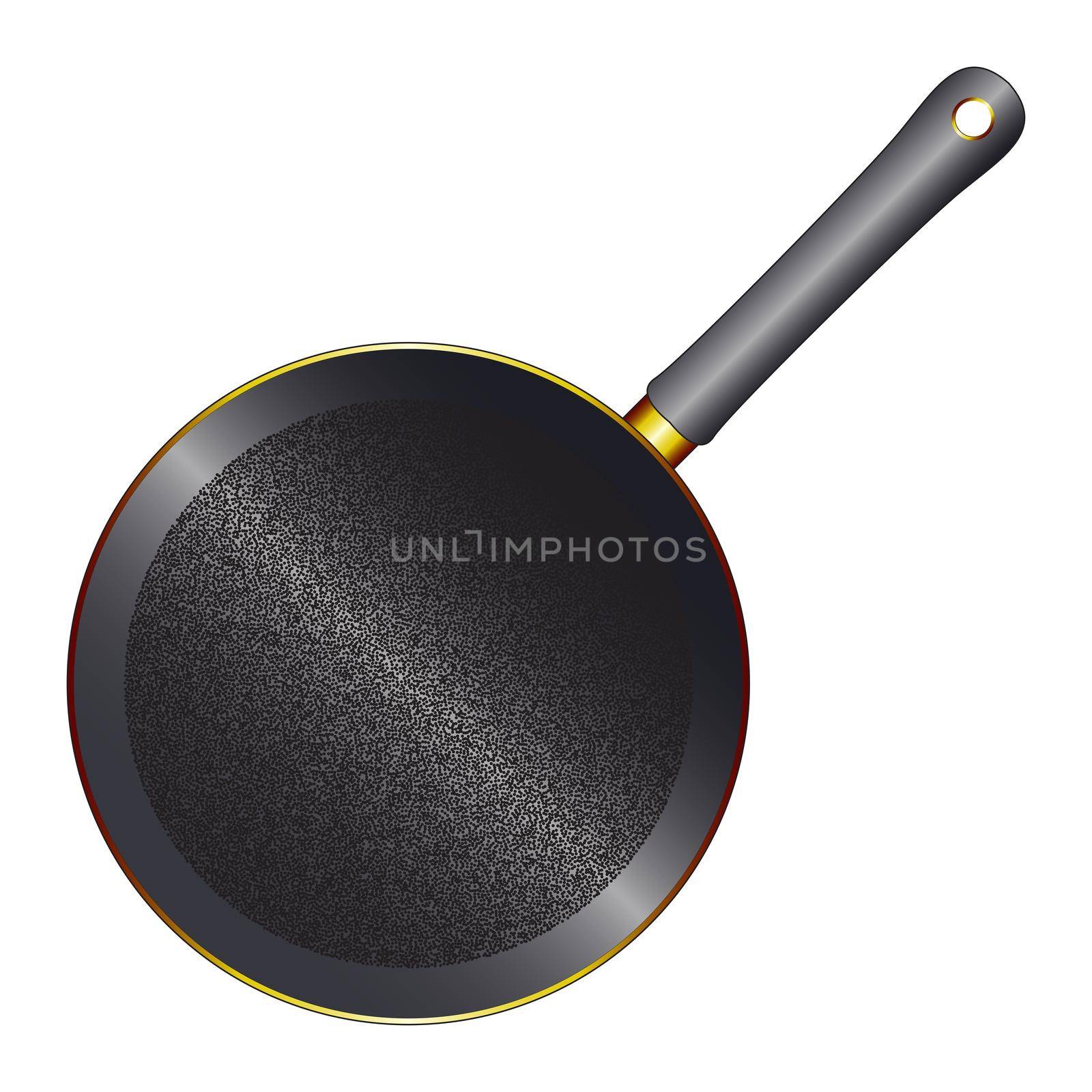 A black metal frying pan with wooden handle and stipple base on a white background