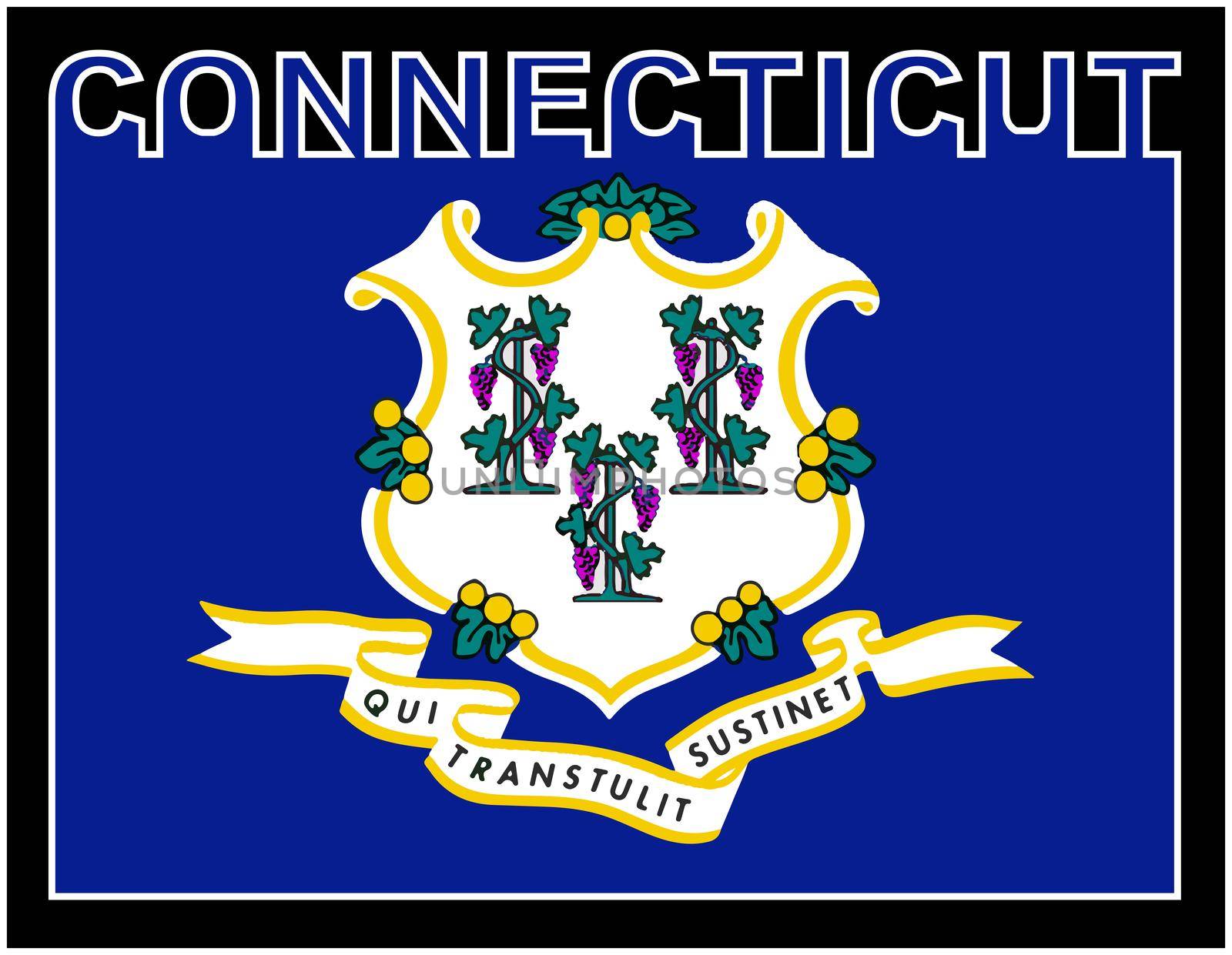 Connecticut state text in silhouette set over the state flag