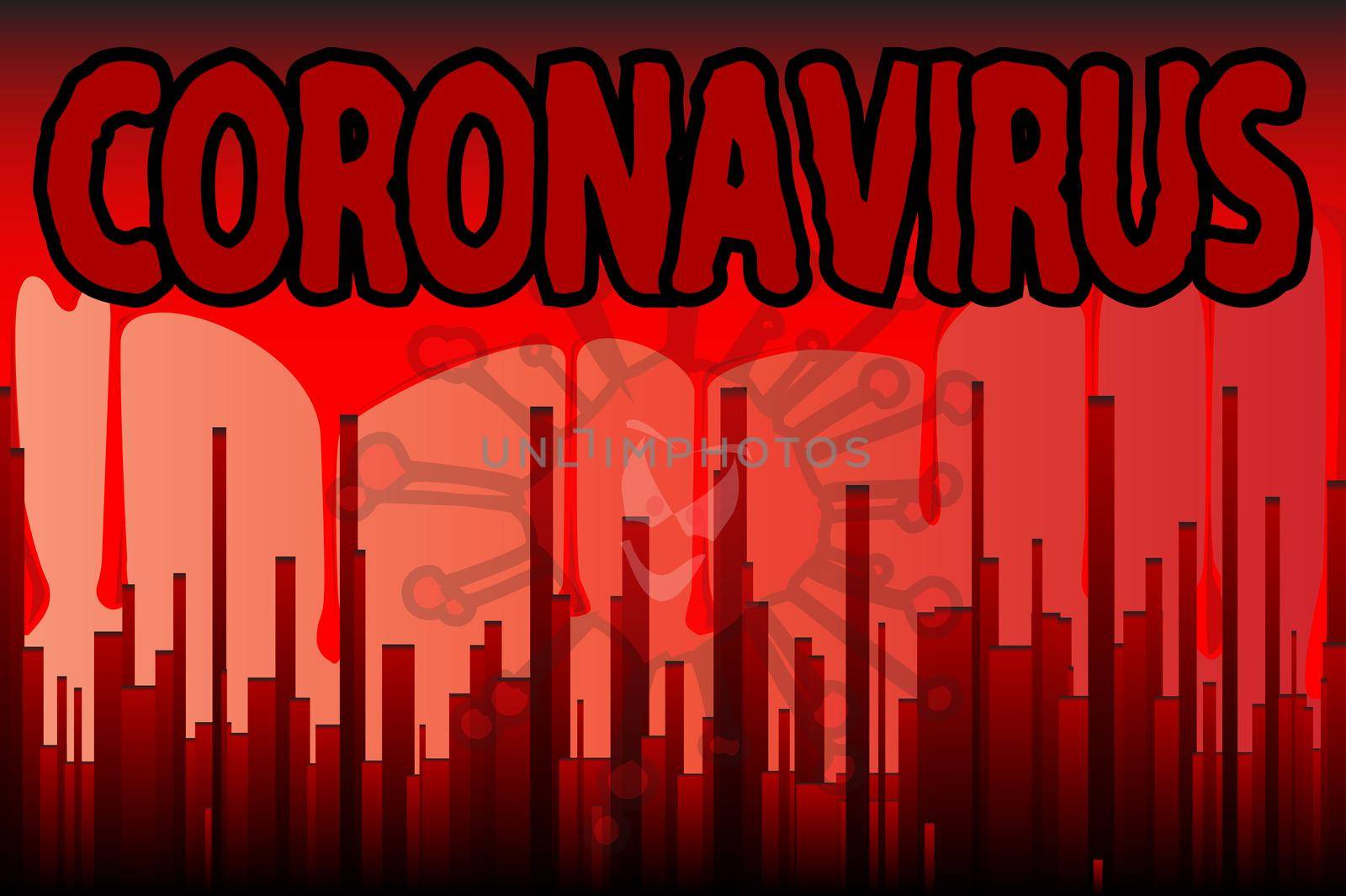 A grunge cityscape in blood red with a backdrop of running blood with the text Coronavirus