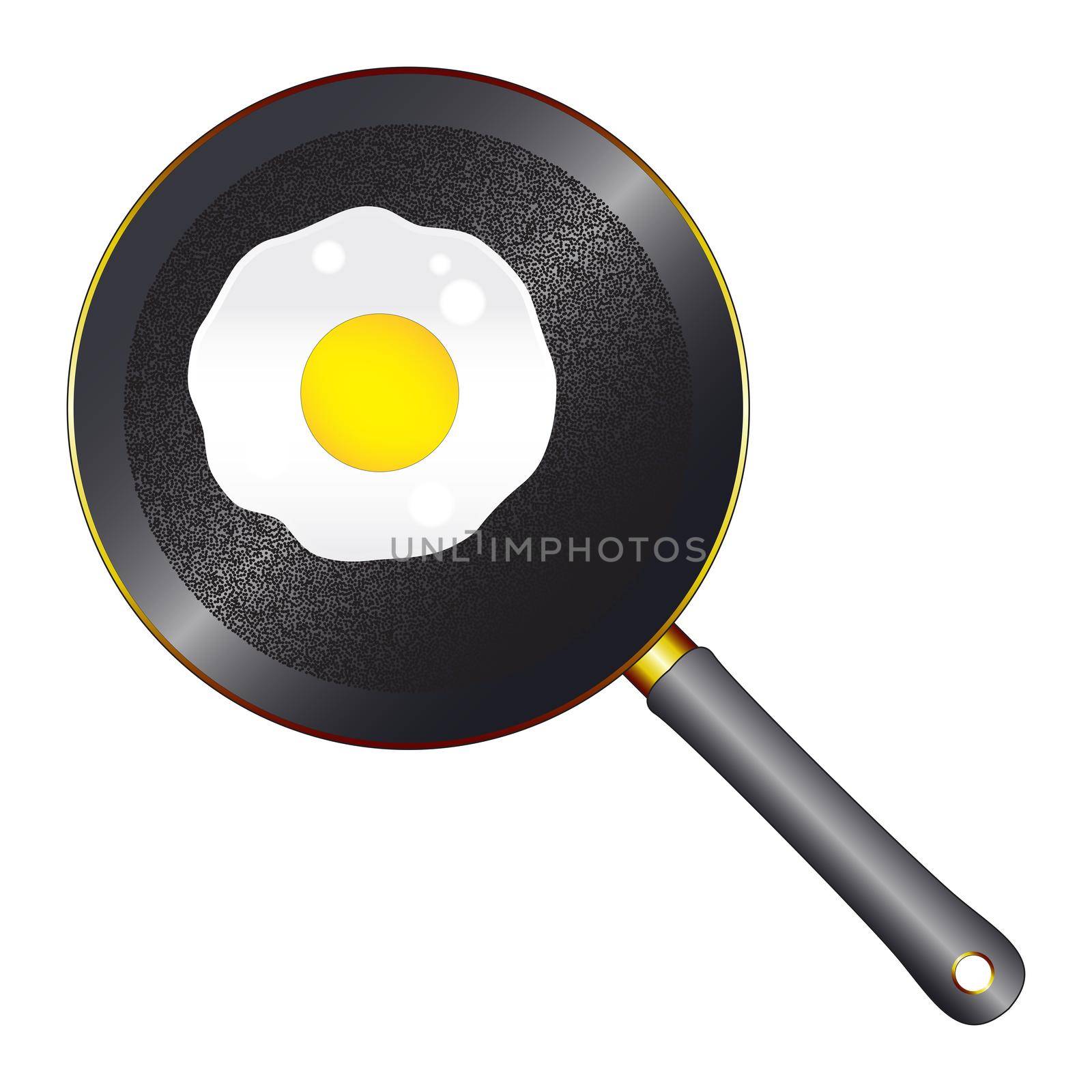 A black metal frying pan with wooden handle and stipple base on a white background with a single frying egg