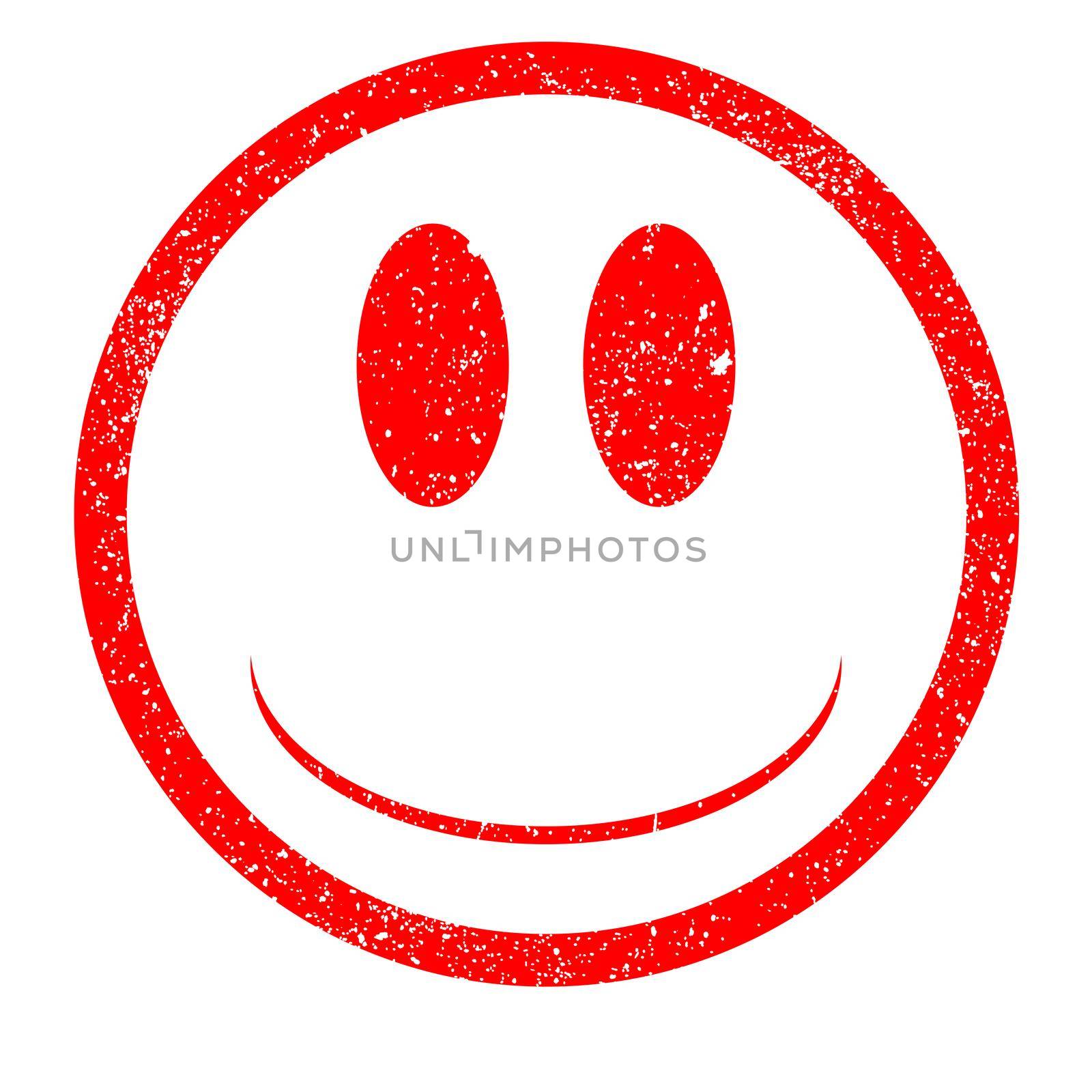 A rubber ink stamp with emoji smily facein red all with grunge effect over white