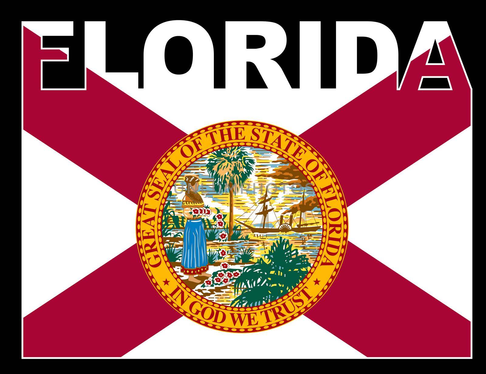 FloridaText in silhouette set over the state flag