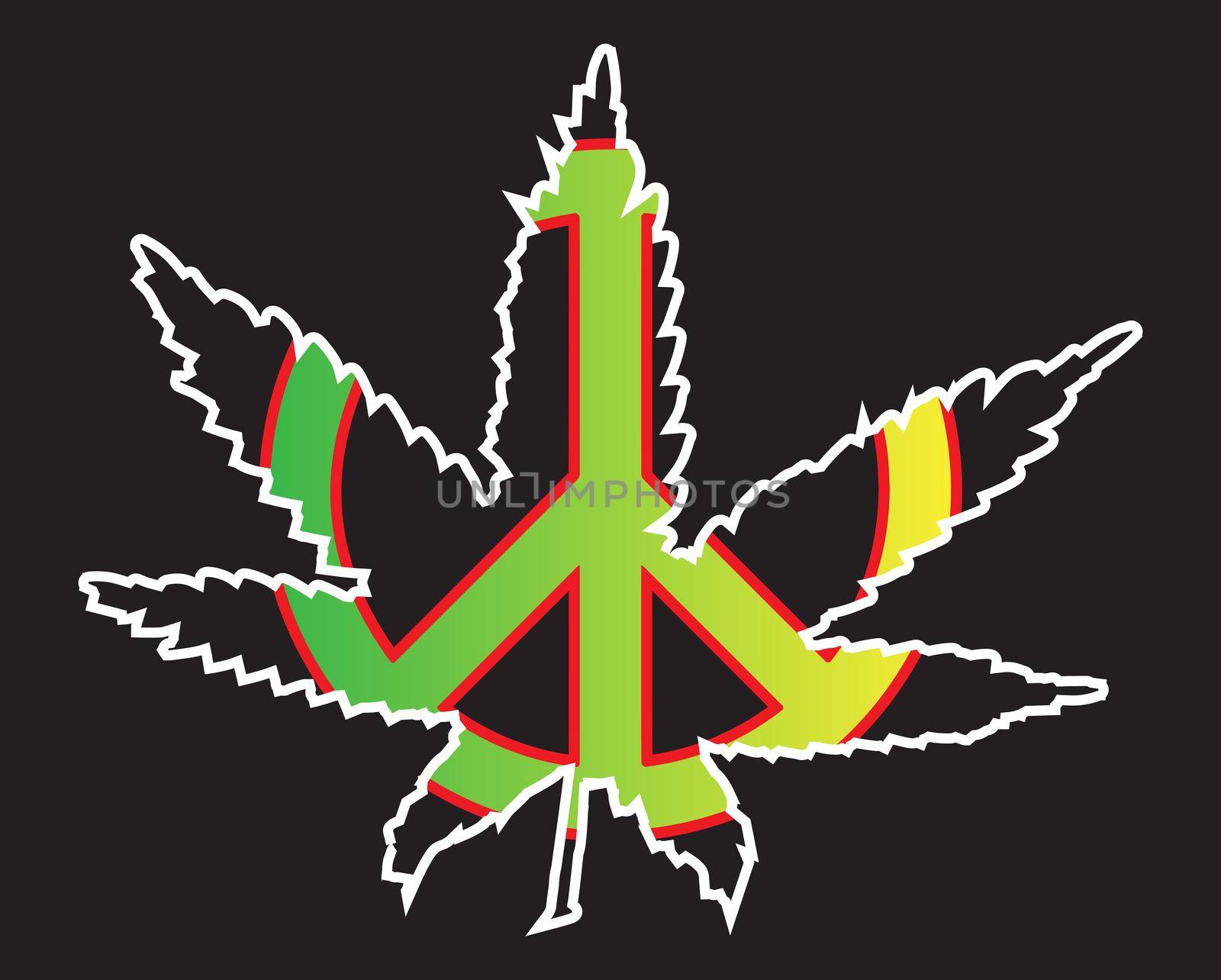 Cannabis leaf with peace symbol and Jamaice Rastafarian flag