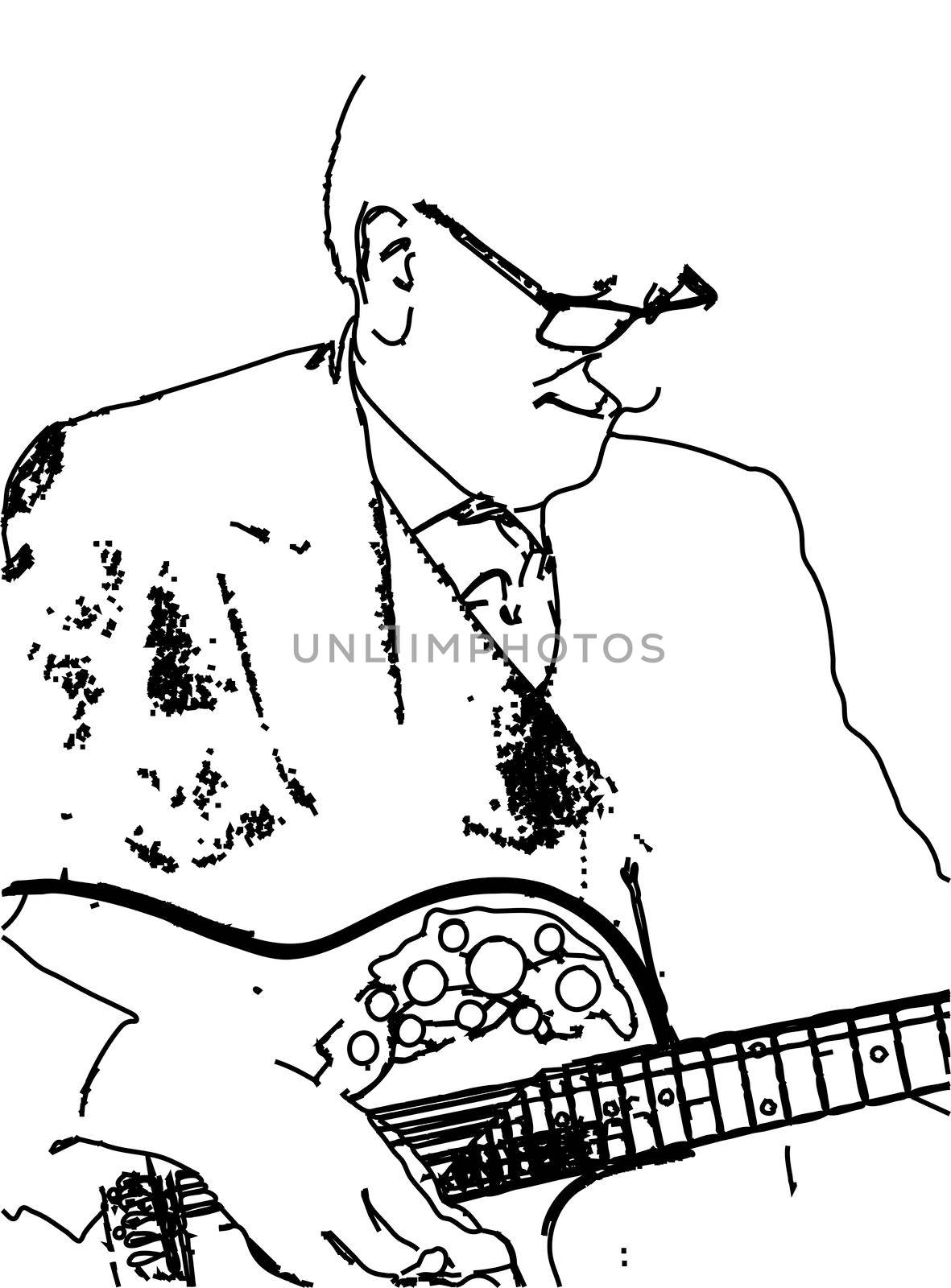 Outline sketch of an old jazz style guitarist