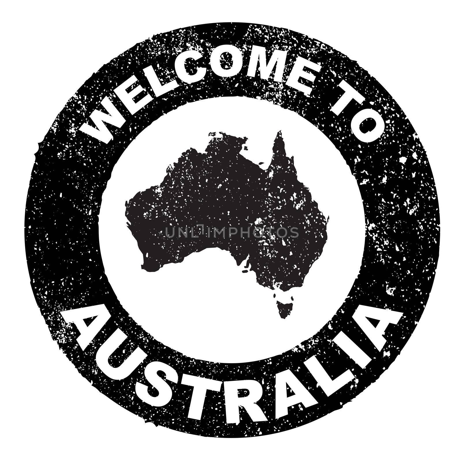 A grunge rubber ink stamp with the text Welcome To Australia with map over a white background