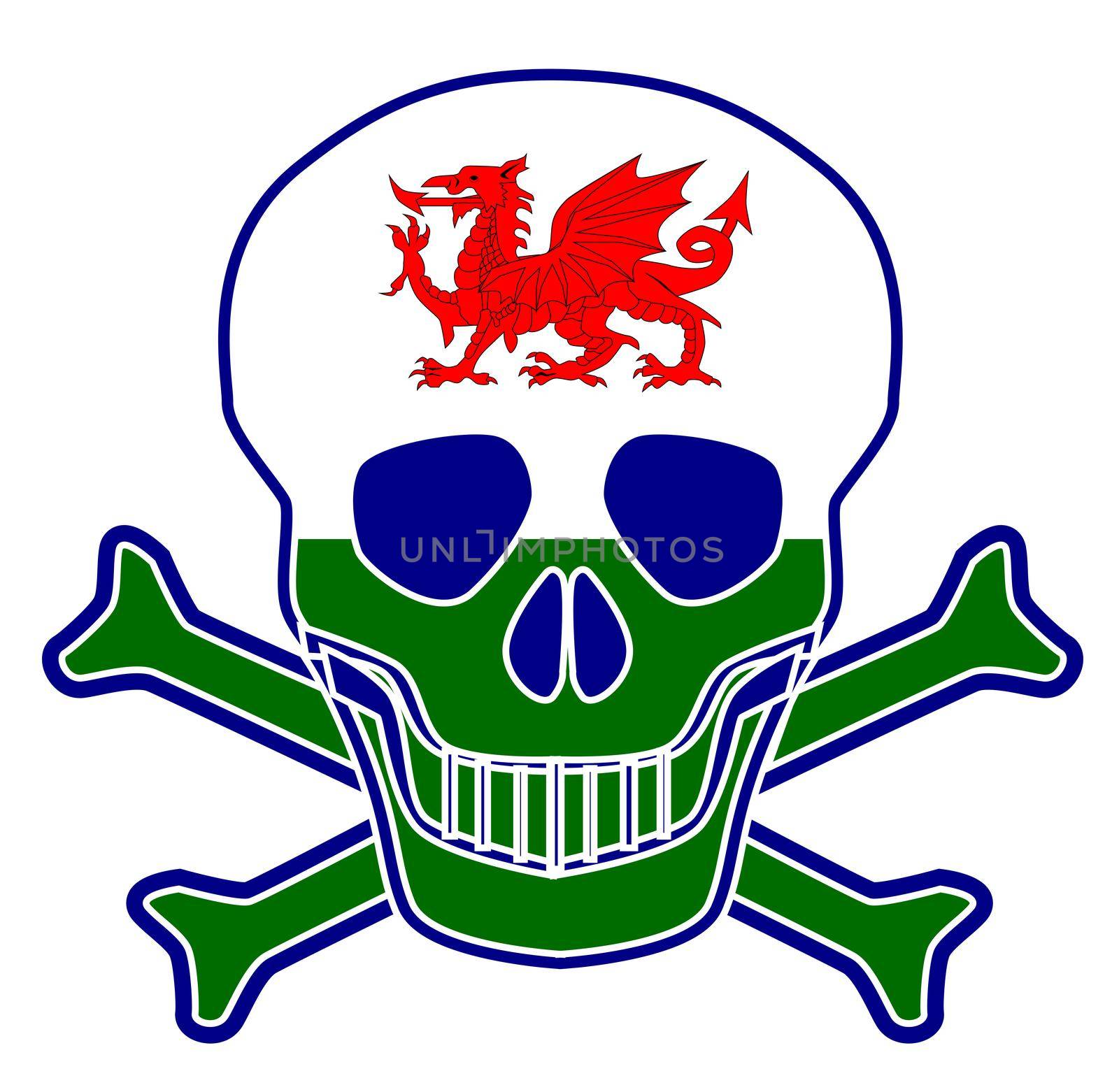 Skull and crossbones with the Welsh and red dragon flag sign over a white background