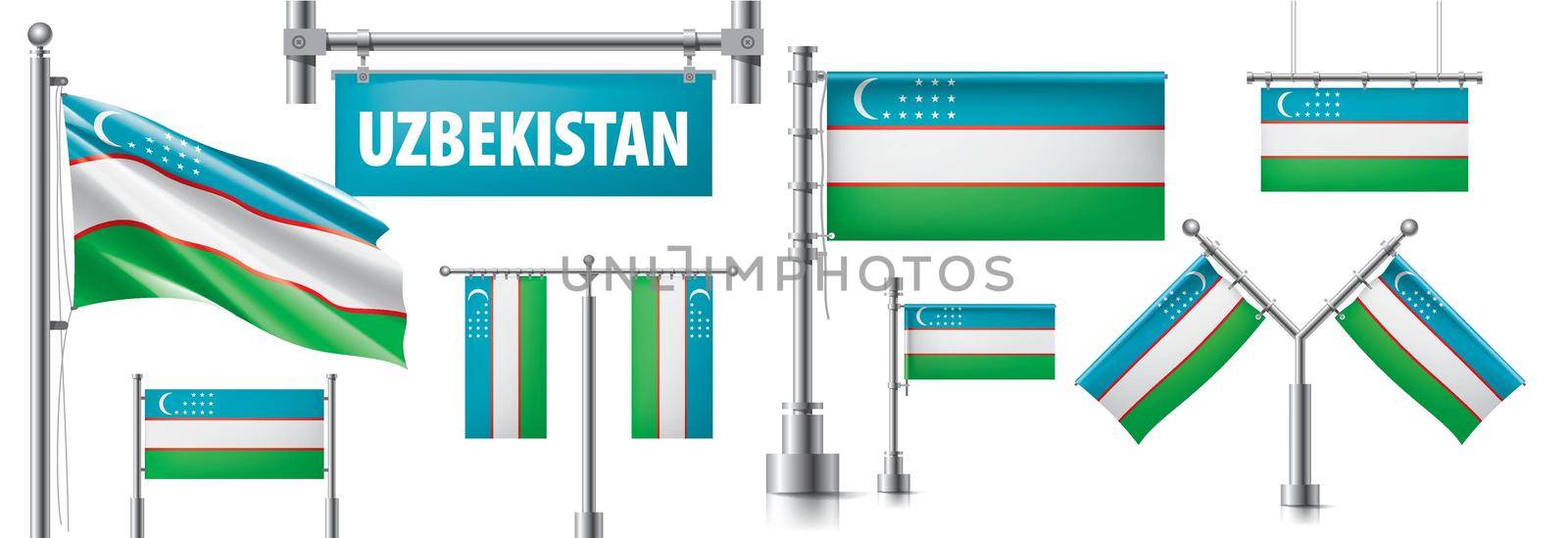 Vector set of the national flag of Uzbekistan in various creative designs by butenkow