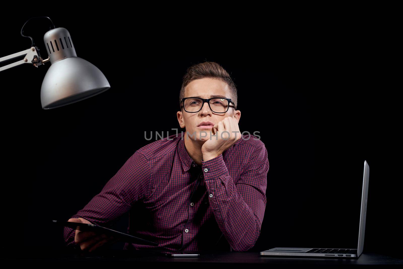 Business man working desk icon psychology communication black background. High quality photo