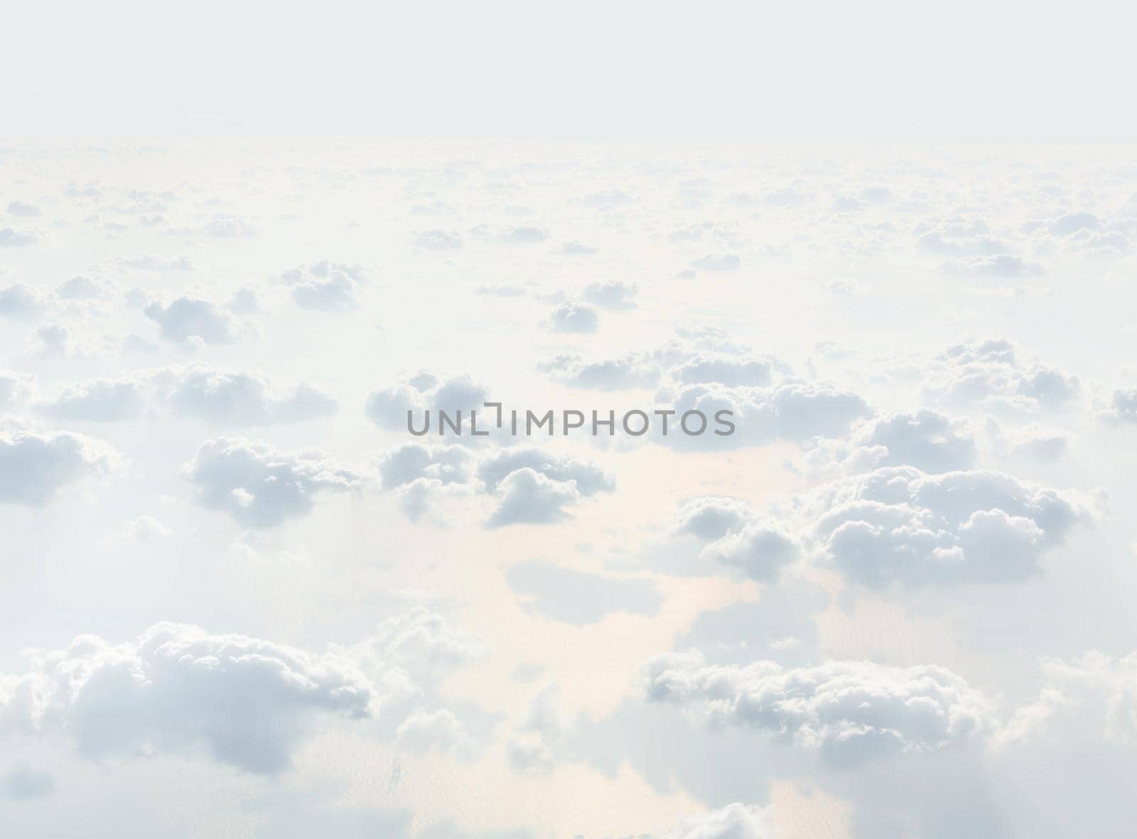Sky with clouds, a view from an aeroplane above the clouds. Abstract nature background with clouds in light tonality. White cumulus clouds