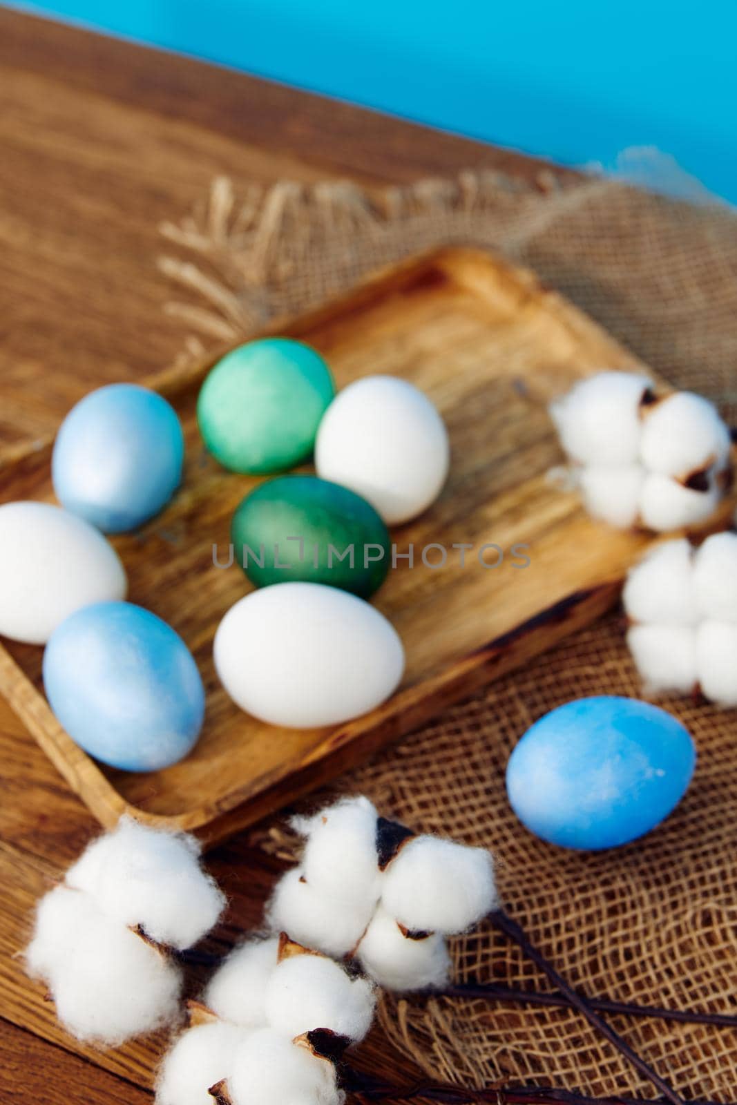 holiday easter decoration close-up eggs tradition blue background. High quality photo